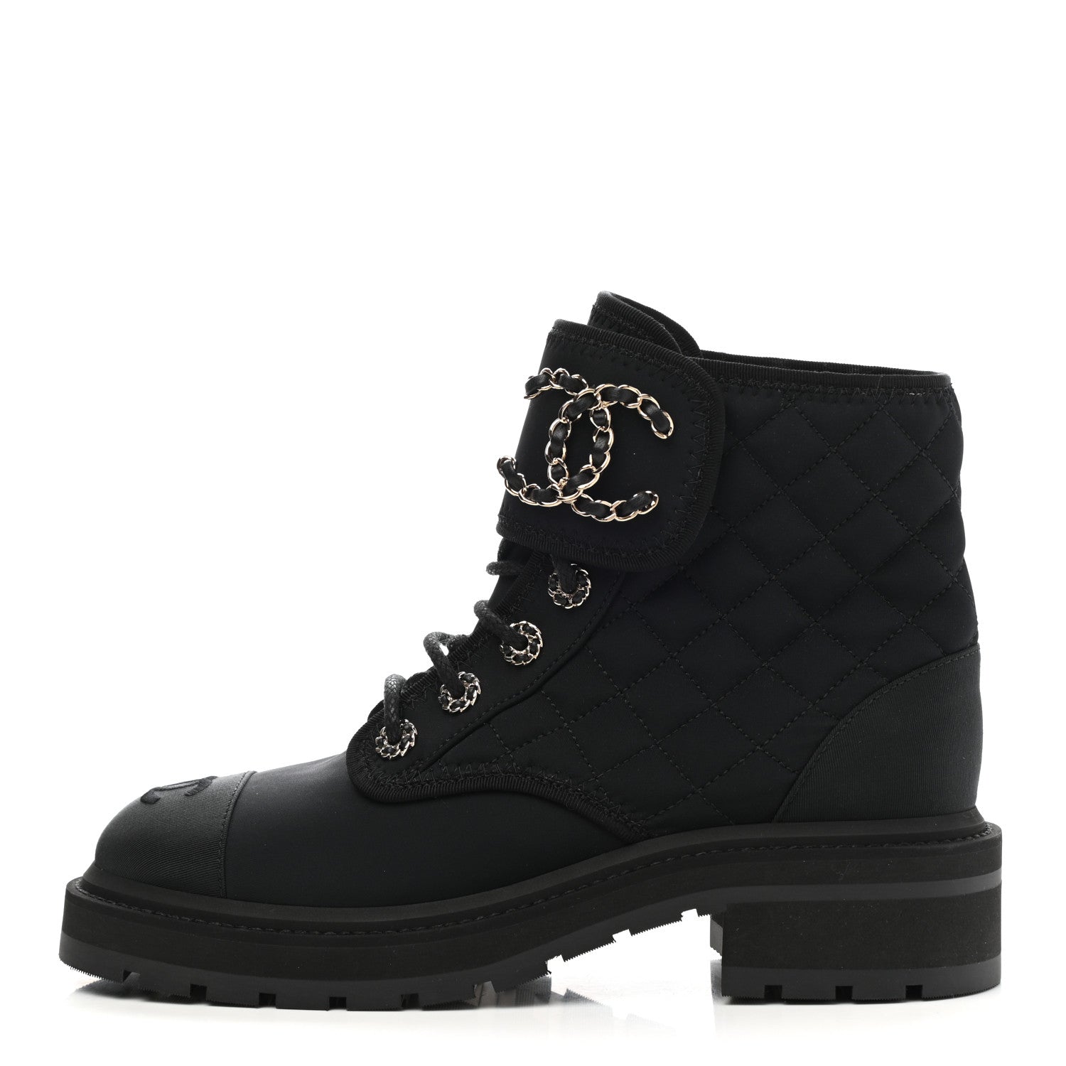 Chanel Fabric Grosgrain Quilted Cap Toe Lace Up Combat Boots 38 Black 1 of 8