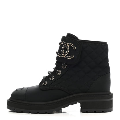 Chanel Fabric Grosgrain Quilted Cap Toe Lace Up Combat Boots 38 Black 1 of 8