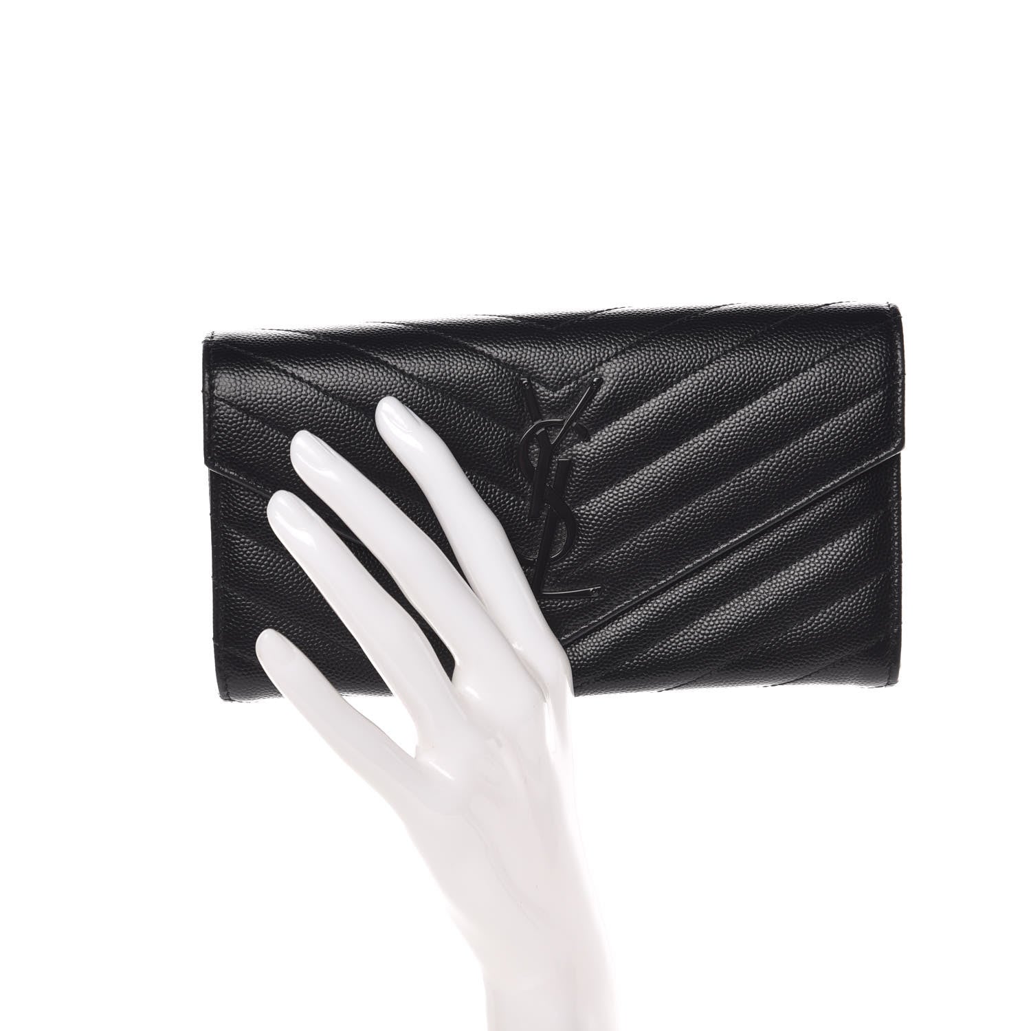 Saint Laurent Grain De Poudre Matelasse Chevron Monogram Flap Wallet Black 2 of 9