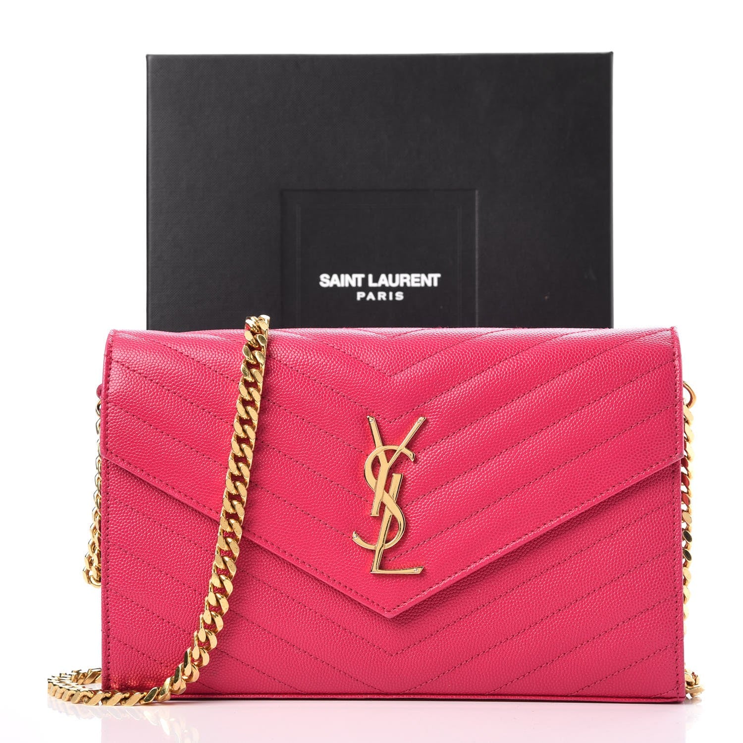 Saint Laurent Grain De Poudre Matelasse Chevron Monogram Chain Wallet Bubblegum 13 of 13