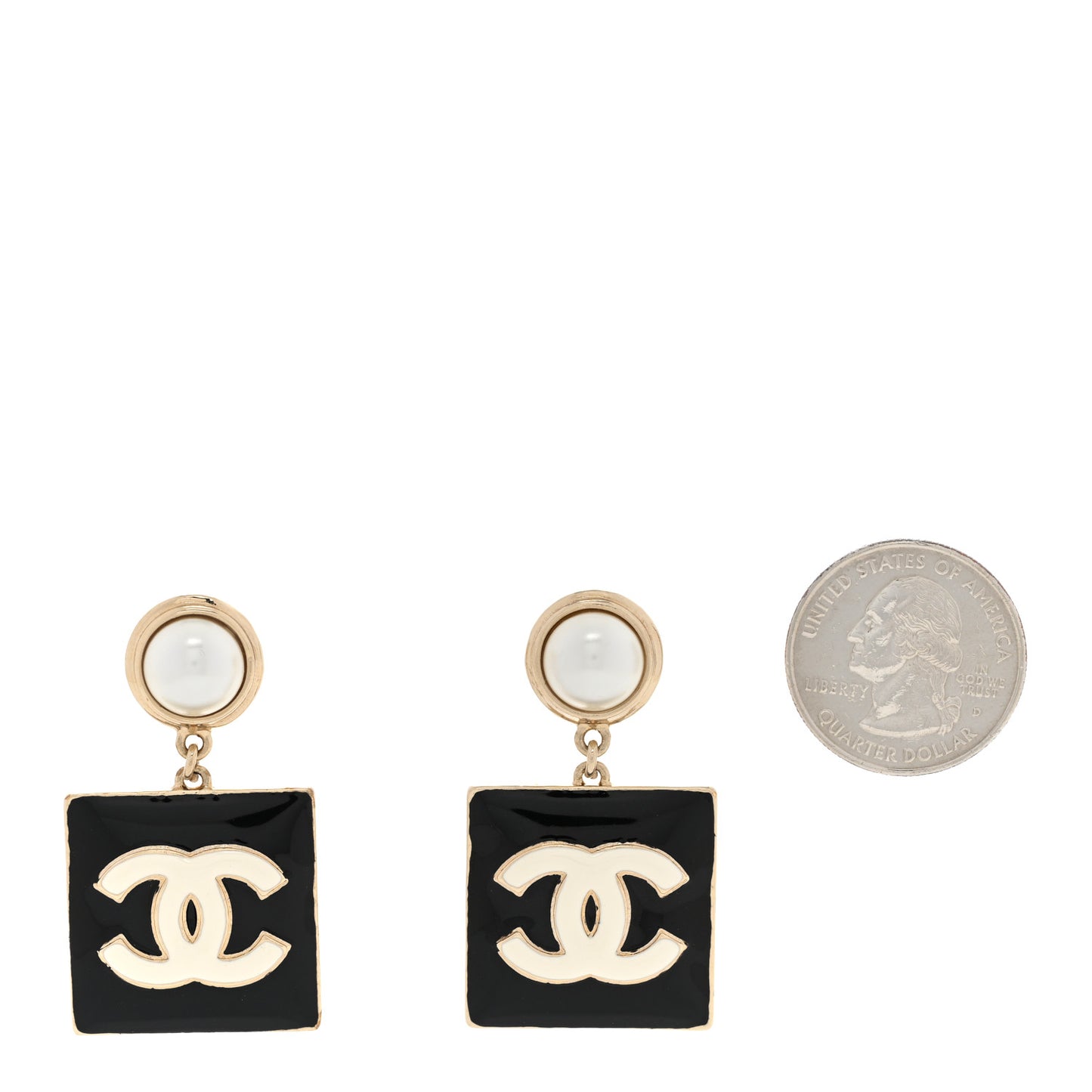 Metal Enamel Pearl Square CC Drop Earrings Gold Black White
