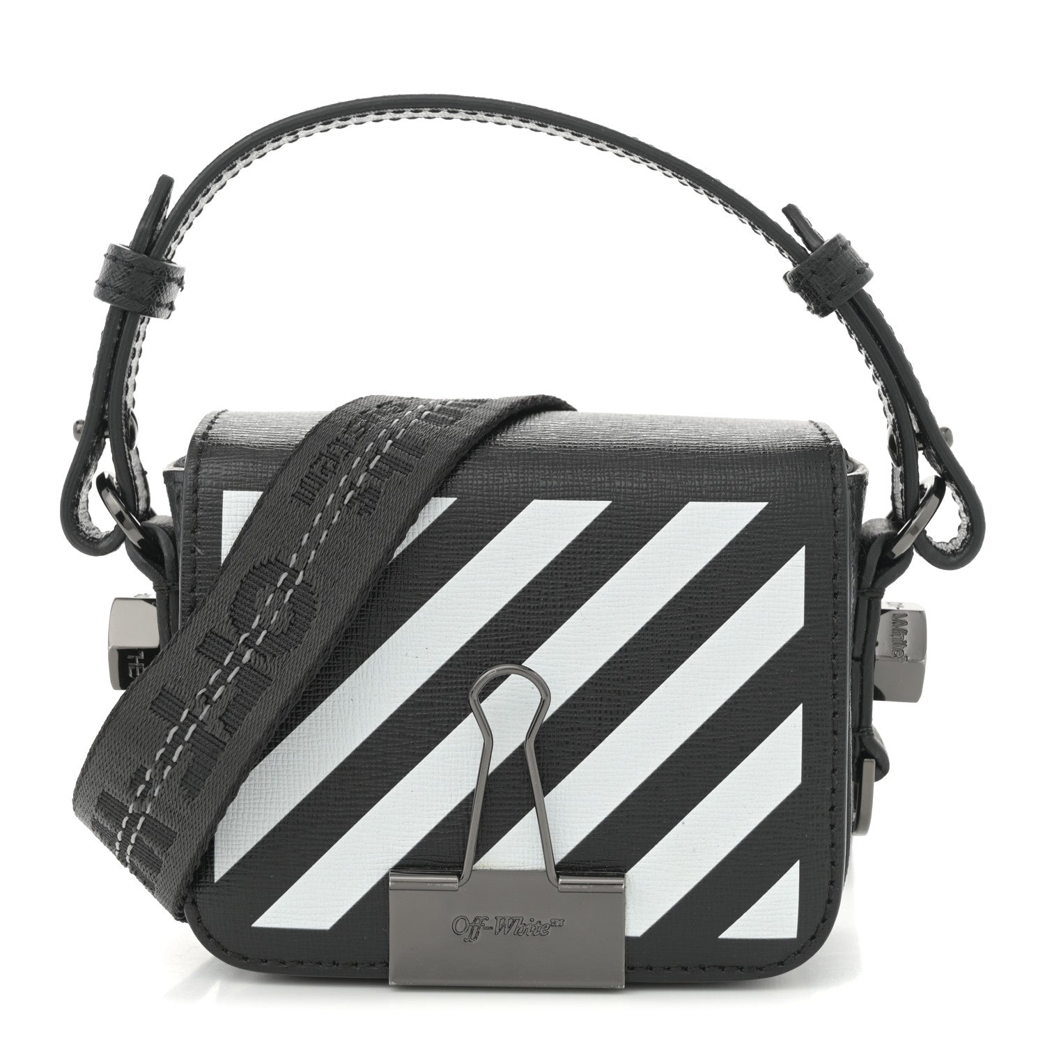 Off-White Saffiano Striped Baby Diag Binder Clip Bag Black White 1 of 12