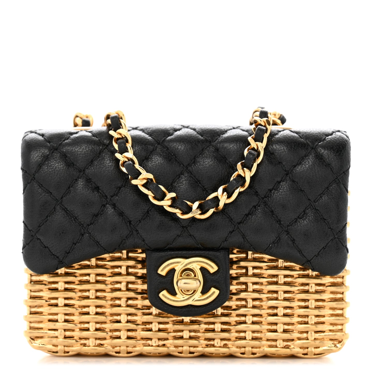 Woven Metal Lambskin Quilted Micro Flap Black Gold