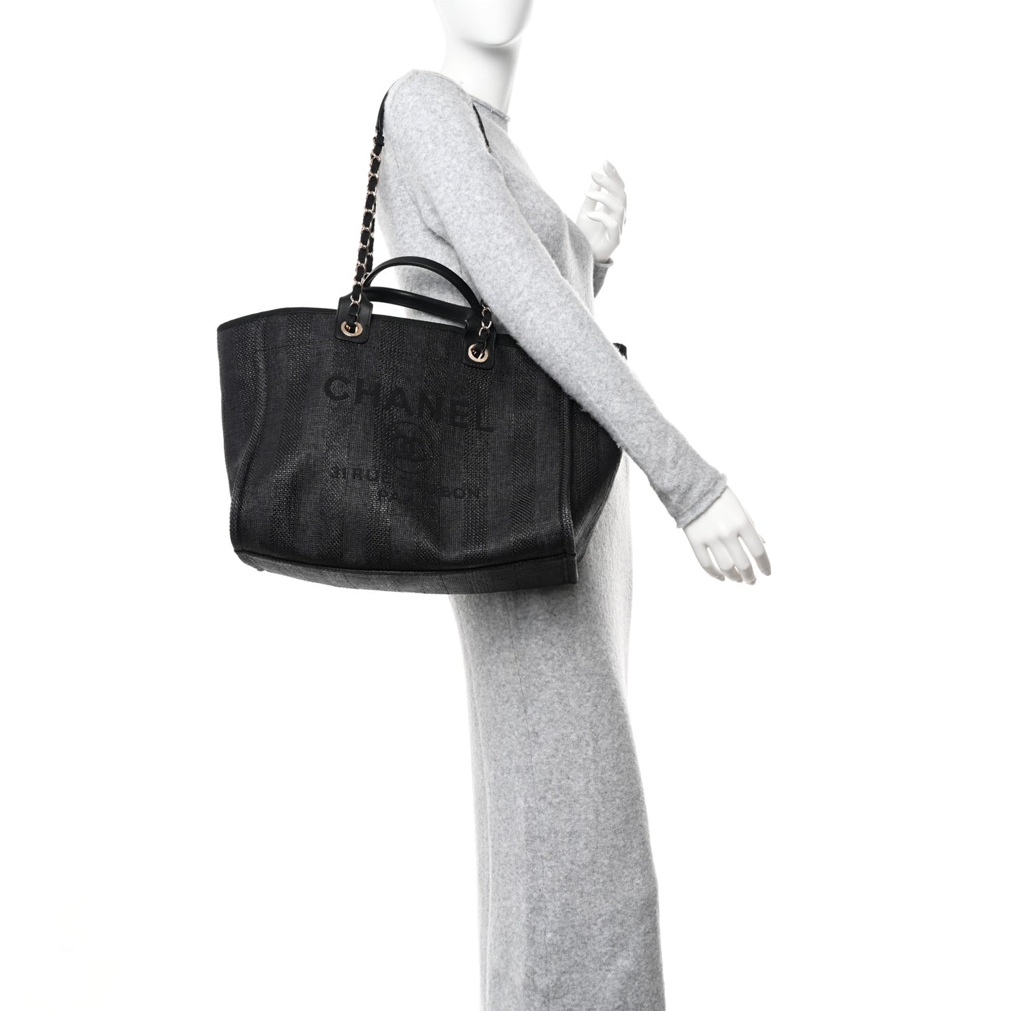 Mixed Fibers Calfskin Striped Medium Deauville Tote Black
