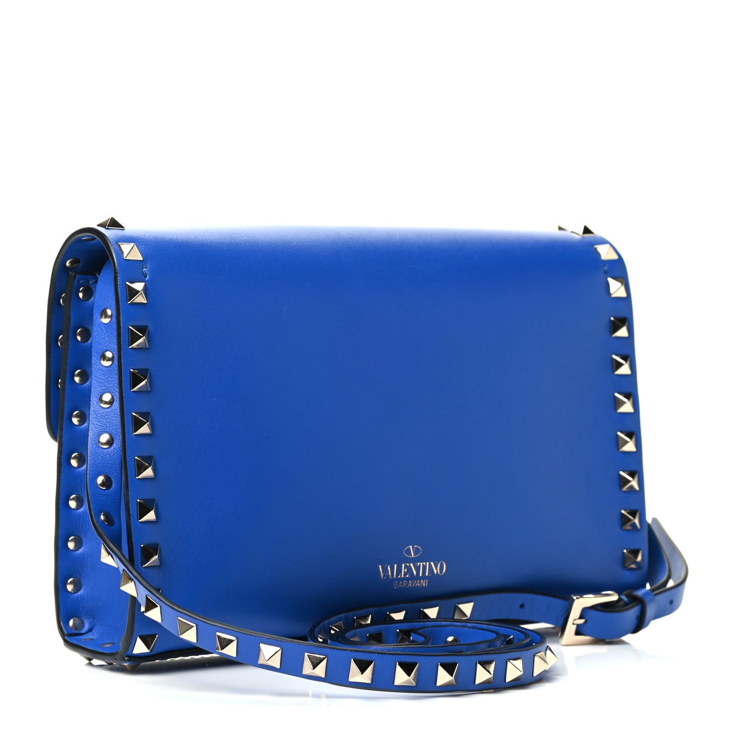 Vitello Medium Rockstud Flip Lock Crossbody Bag Acid Blue