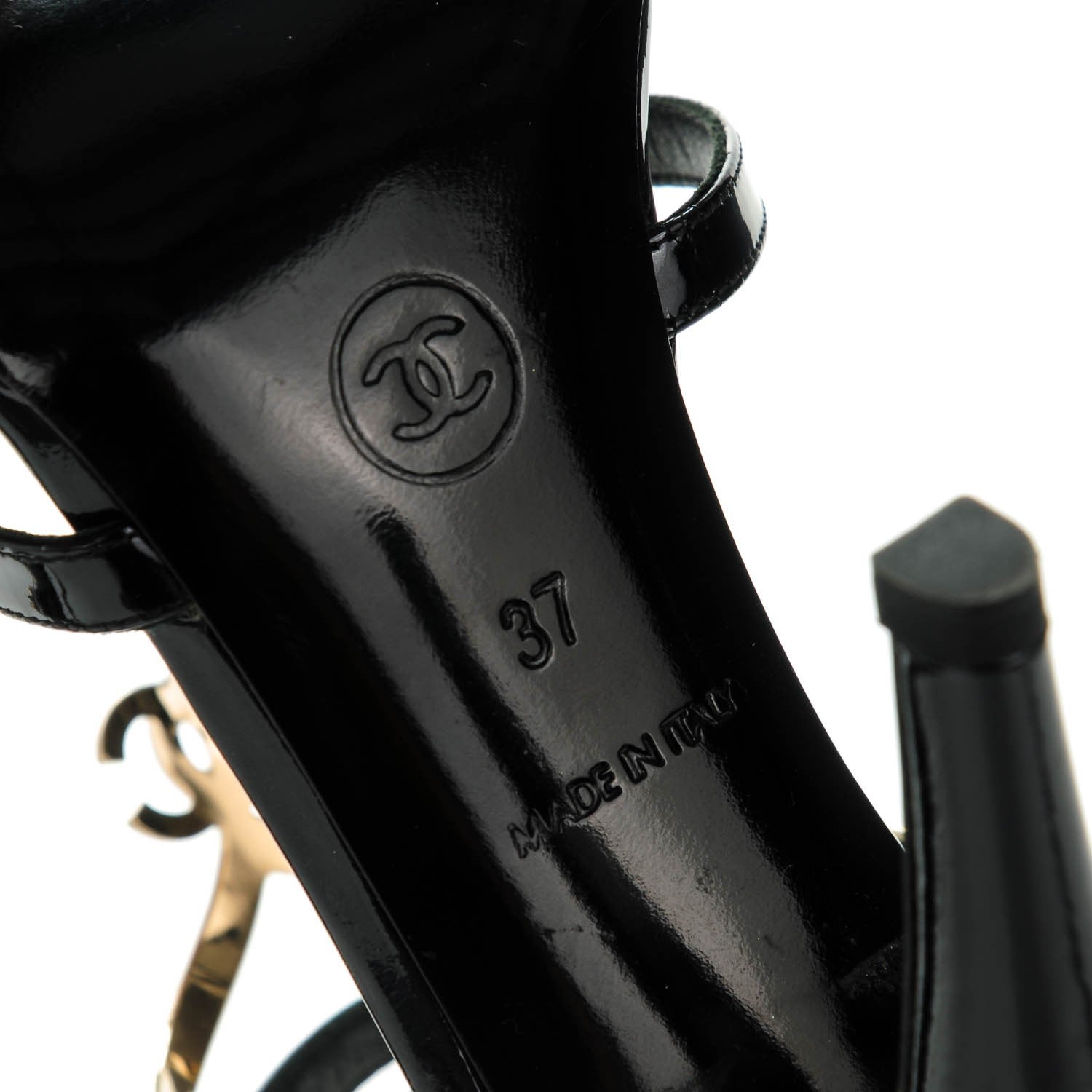 Chanel Patent CC Sandals 37 Black Gold 7 of 10