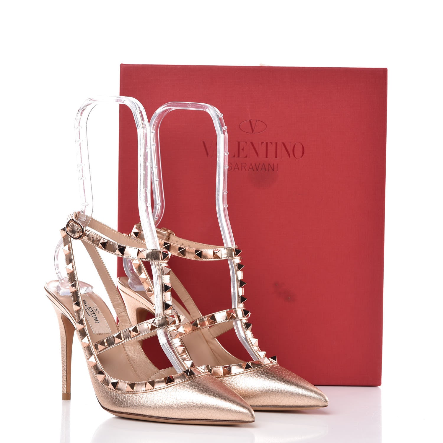 Valentino Garavani Metallic Pebbled Calfskin Rockstud Ankle Strap 100mm Pumps 36.5 Rame 9 of 9
