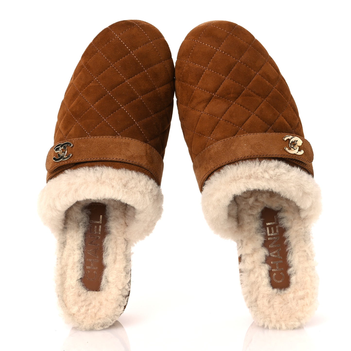 Suede Calfskin Shearling Turn Lock Clogs 40 Brown