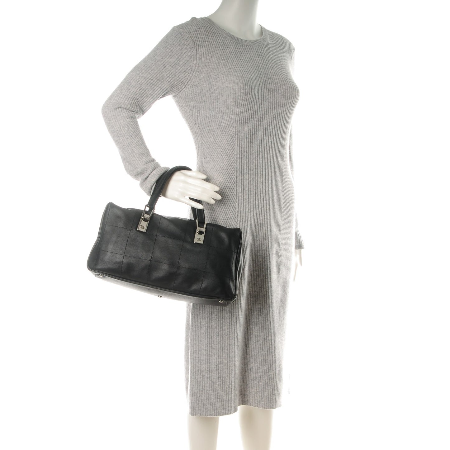Lambskin Square Stitched Large Tote Black