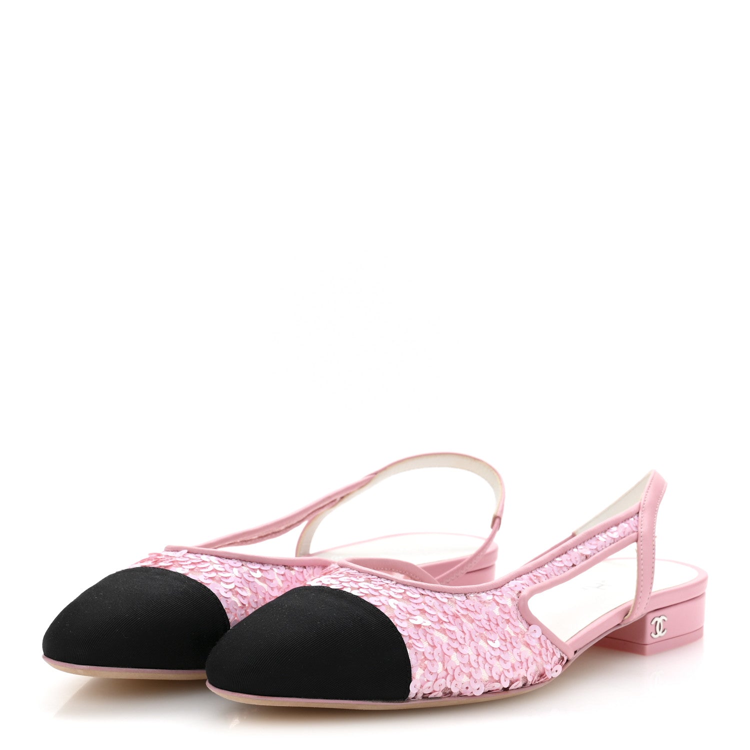 Chanel Sequins Satin Cap Toe CC Slingback Flat 37 Pink Black 4 of 10