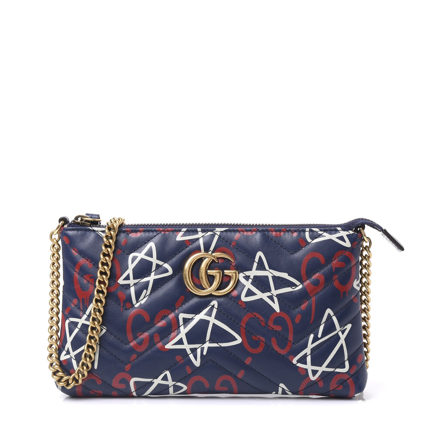 Calfskin Matelasse GucciGhost Mini GG Marmont Chain Bag Blue Agata Hibiscus Red