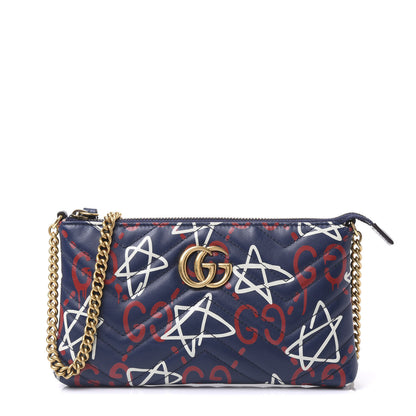 Gucci Calfskin Matelasse GucciGhost Mini GG Marmont Chain Bag Blue Agata Hibiscus Red 1 of 9