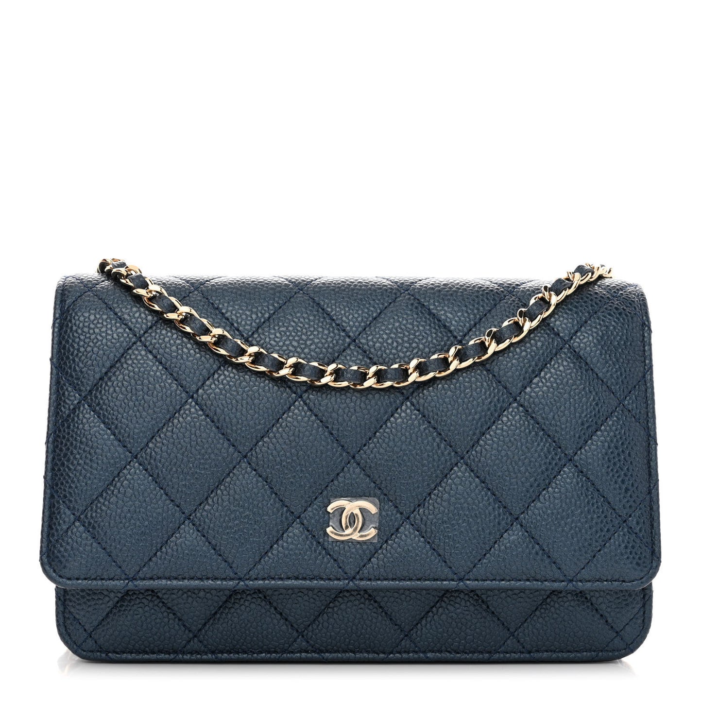 Iridescent Caviar Quilted Wallet On Chain WOC Blue