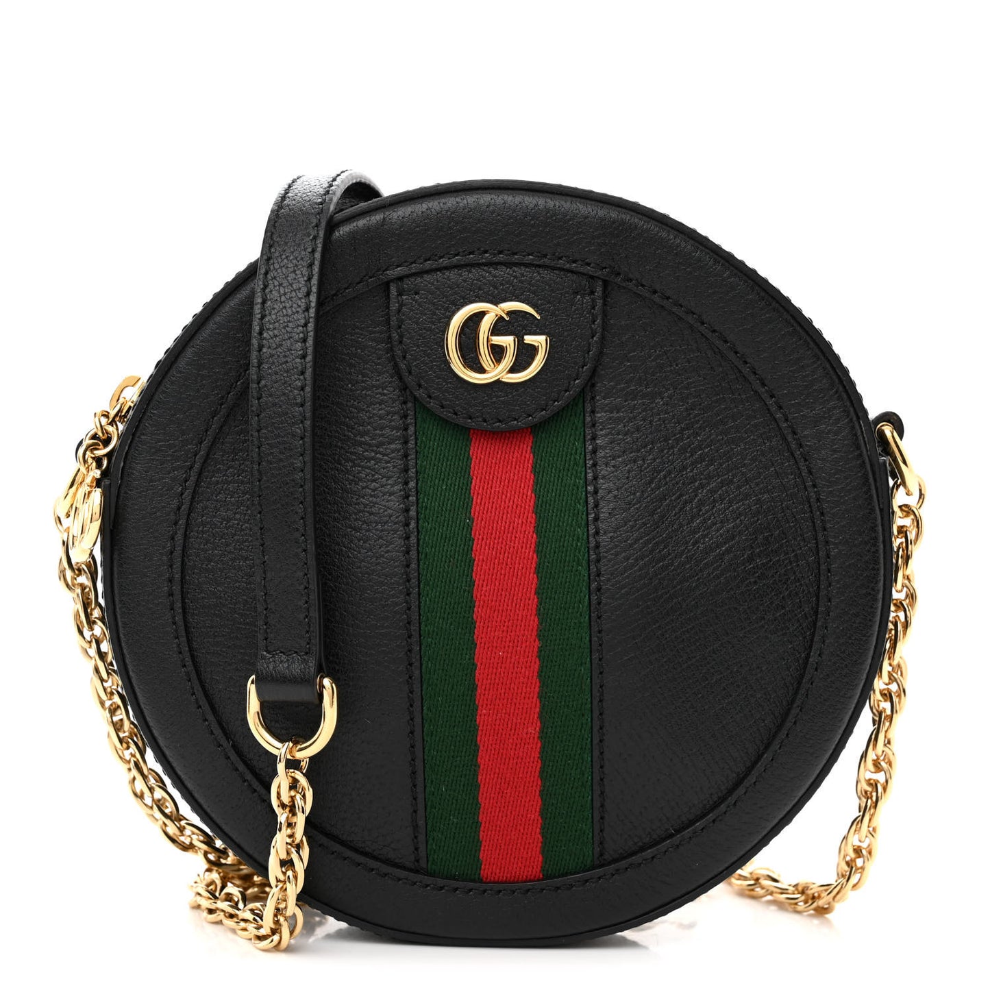 Grained Calfskin Web Mini Ophidia Round Shoulder Bag Black