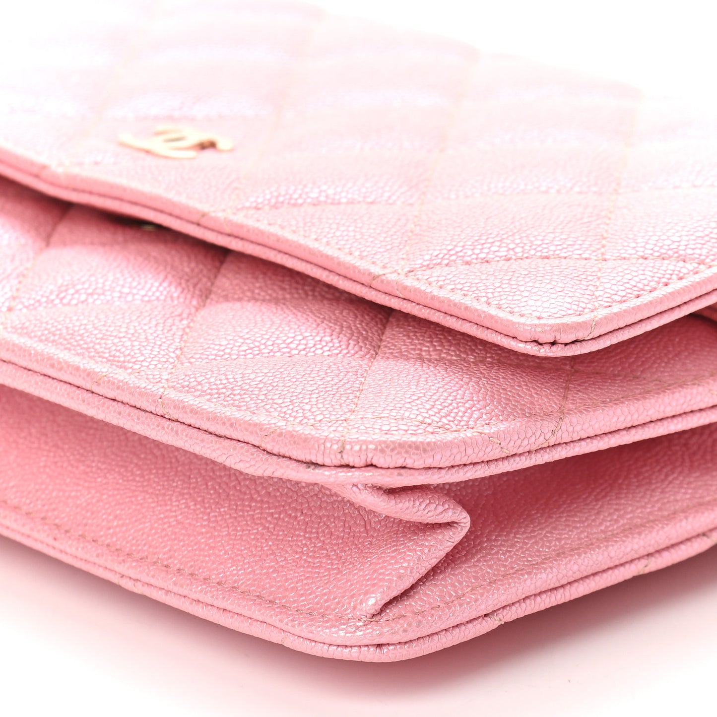 Iridescent Caviar Quilted Wallet on Chain WOC Rose Pink