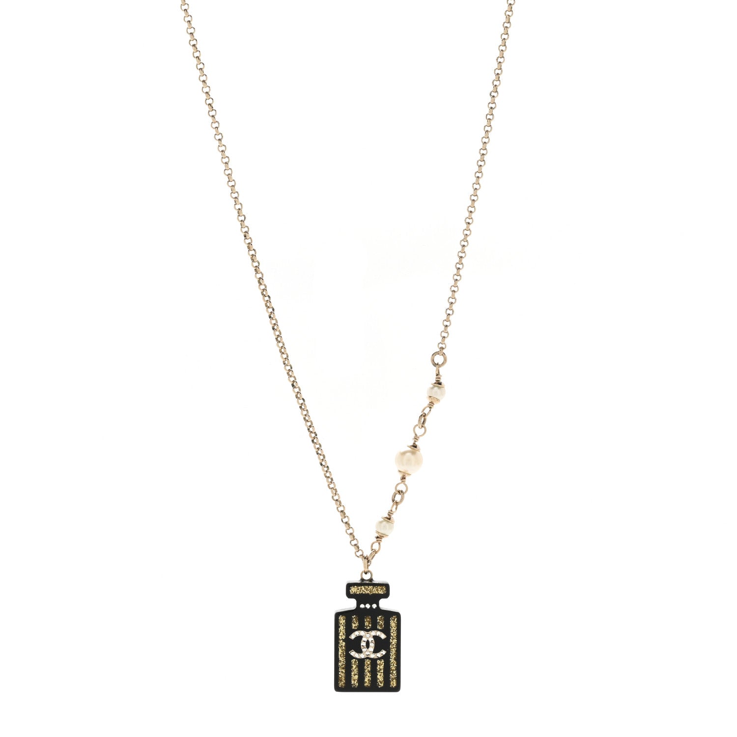Chanel Resin Strass Pearl Perfume Bottle CC Necklace Black Gold 1 of 5