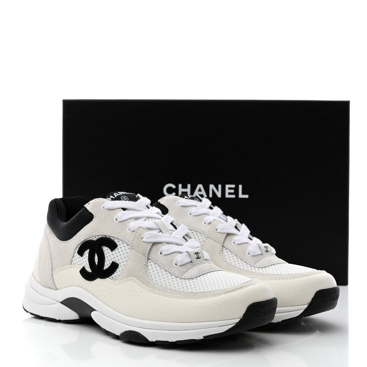 Chanel Mesh Suede Calfskin Grained Calfskin Womens CC Sneakers 39.5 White Black 9 of 9