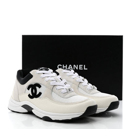 Chanel Mesh Suede Calfskin Grained Calfskin Womens CC Sneakers 39.5 White Black 9 of 9