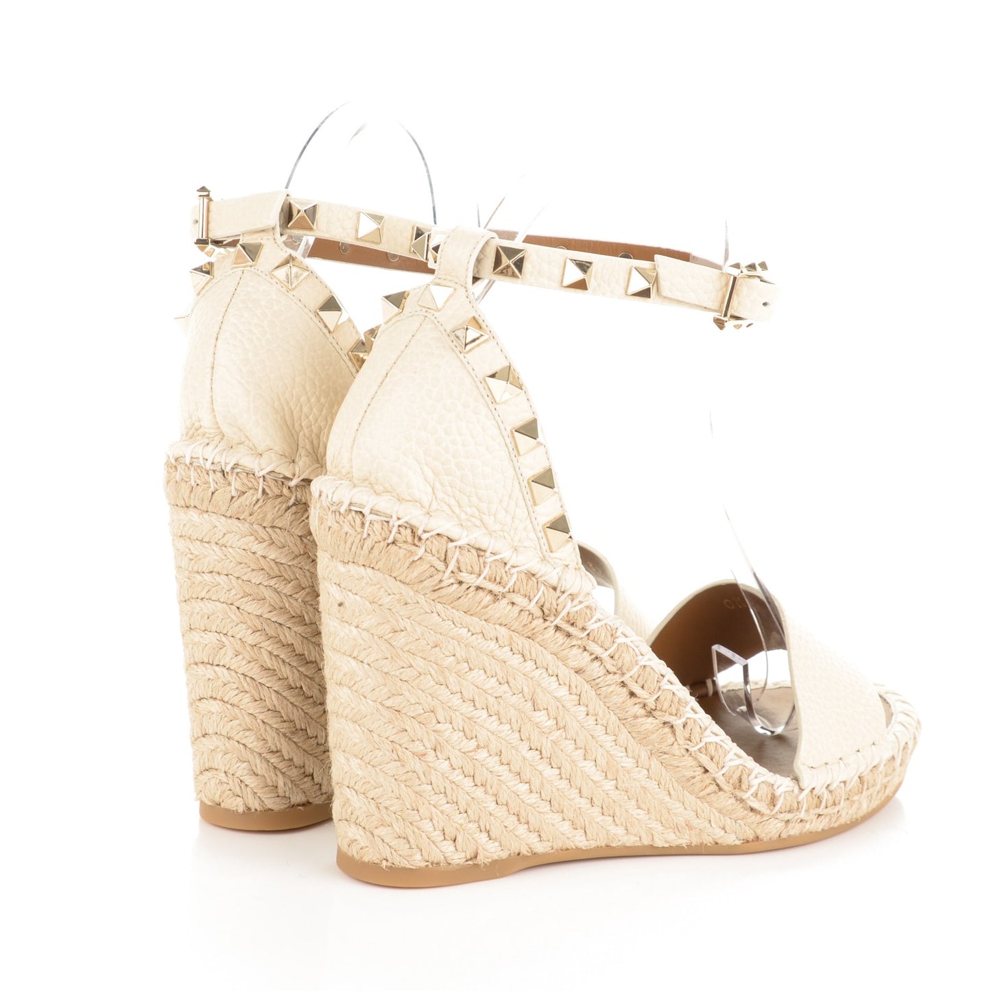 Grained Calfskin Rockstud Ankle Strap Espadrille 15/105mm Wedge Sandals 37 Light Ivory Natural