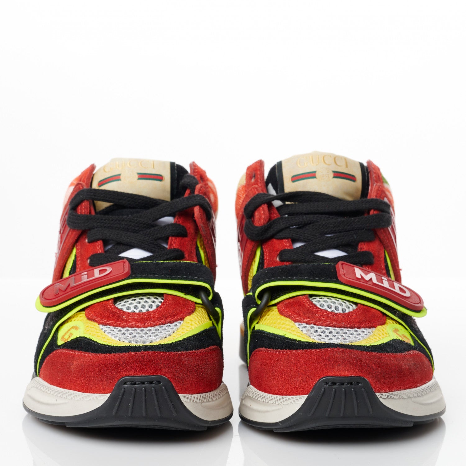 Gucci Suede Calfskin Womens Ultrapace Mid Top Sneakers 34.5 Hibiscus Red Black Neon Yellow Yolk 2 of 8