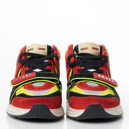 Gucci Suede Calfskin Womens Ultrapace Mid Top Sneakers 34.5 Hibiscus Red Black Neon Yellow Yolk 2 of 8