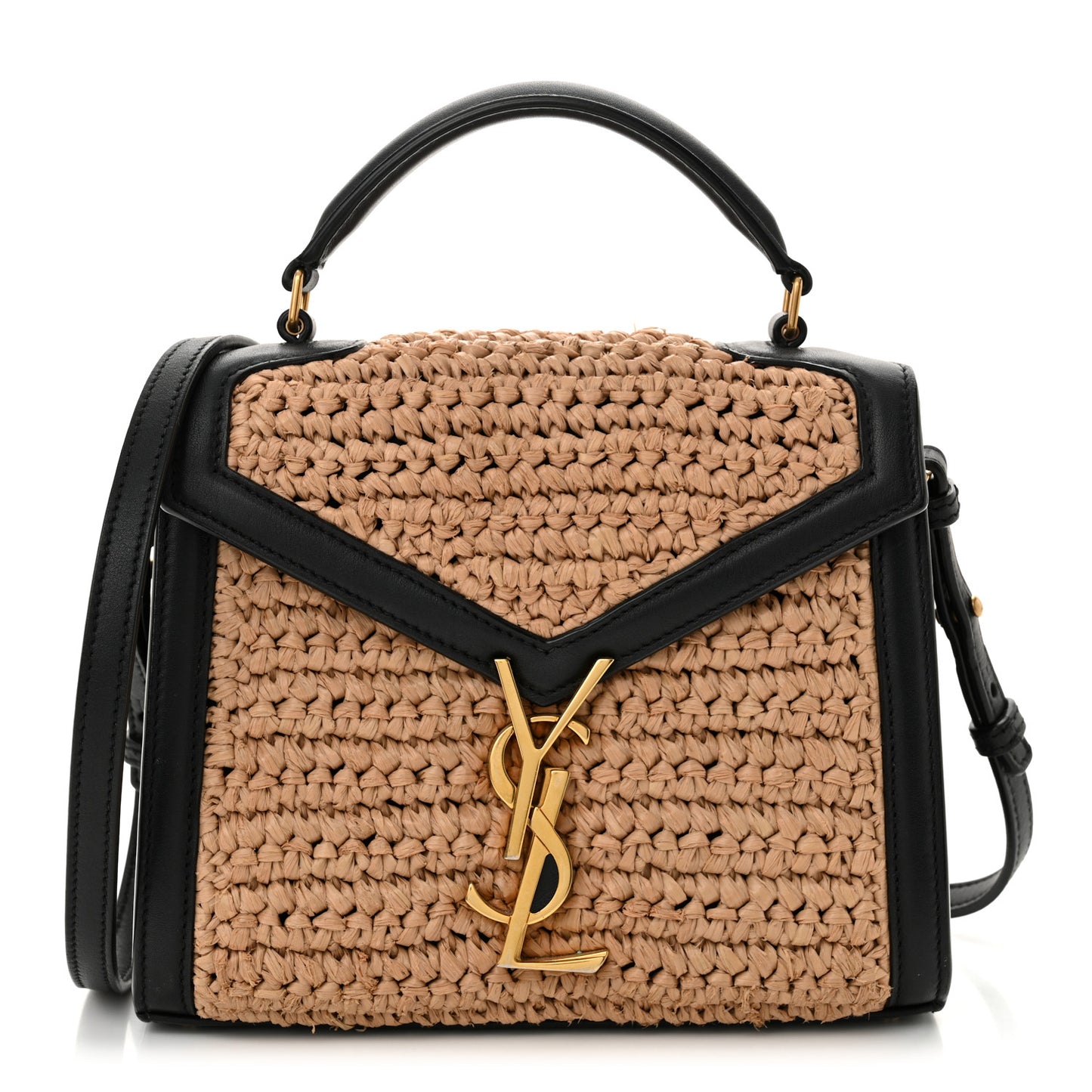Raffia Calfskin Mini Classic Monogram Cassandra Top Handle Black Natural