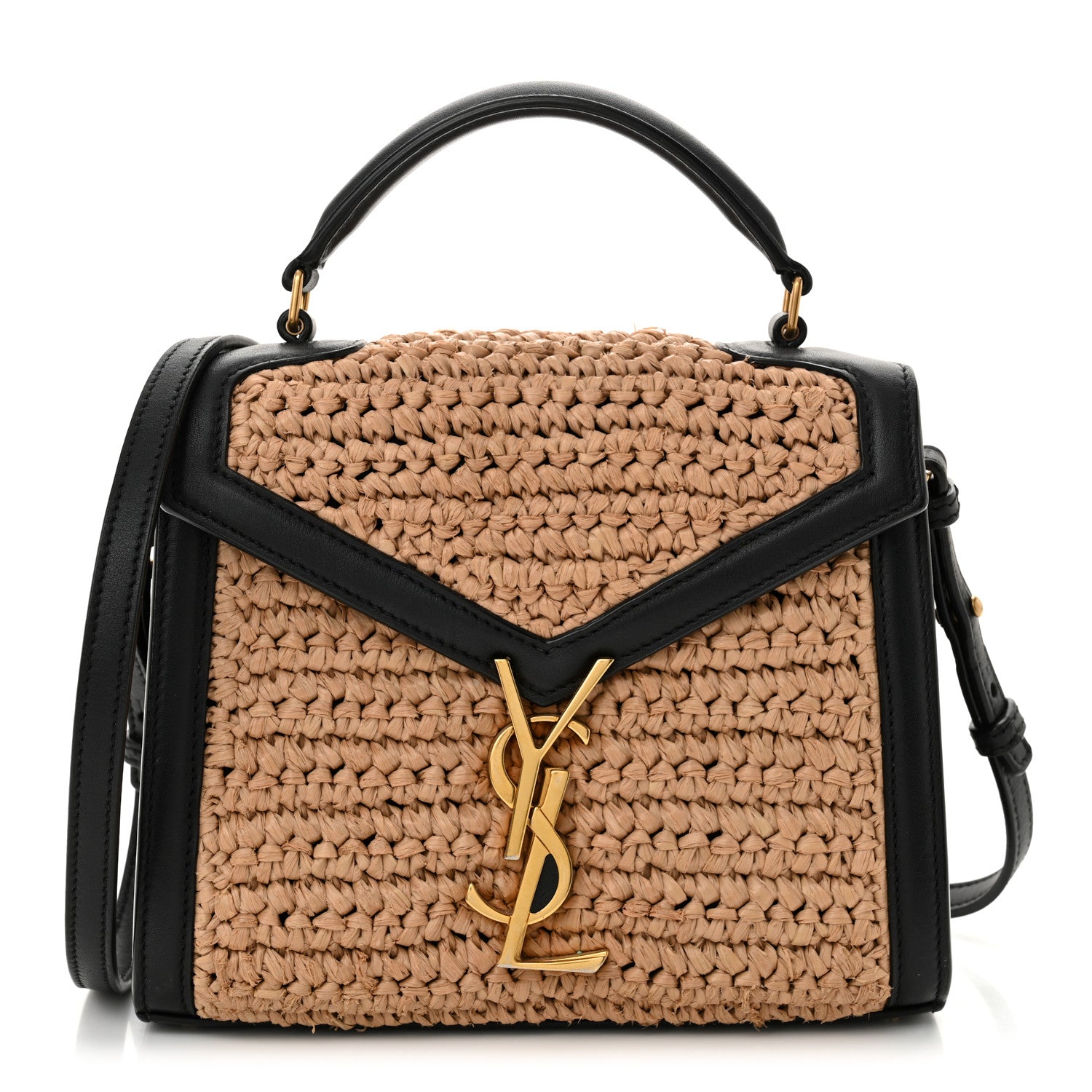 Saint Laurent Raffia Calfskin Mini Classic Monogram Cassandra Top Handle Black Natural 1 of 15