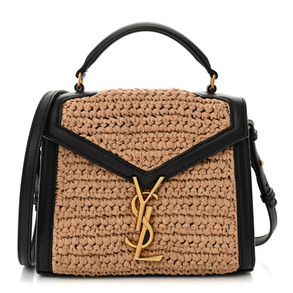 Saint Laurent Raffia Calfskin Mini Classic Monogram Cassandra Top Handle Black Natural 1 of 15