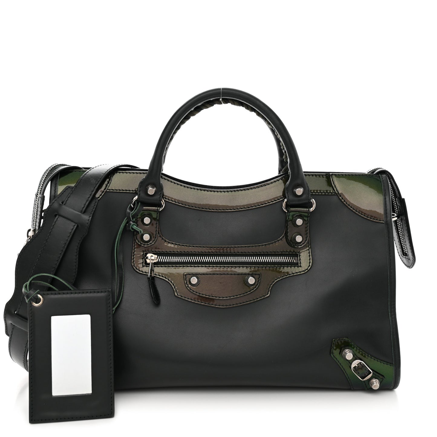 Smooth Calfskin Metallic Patent Giant 12 Silver Hardware City Vert Poker Fonce