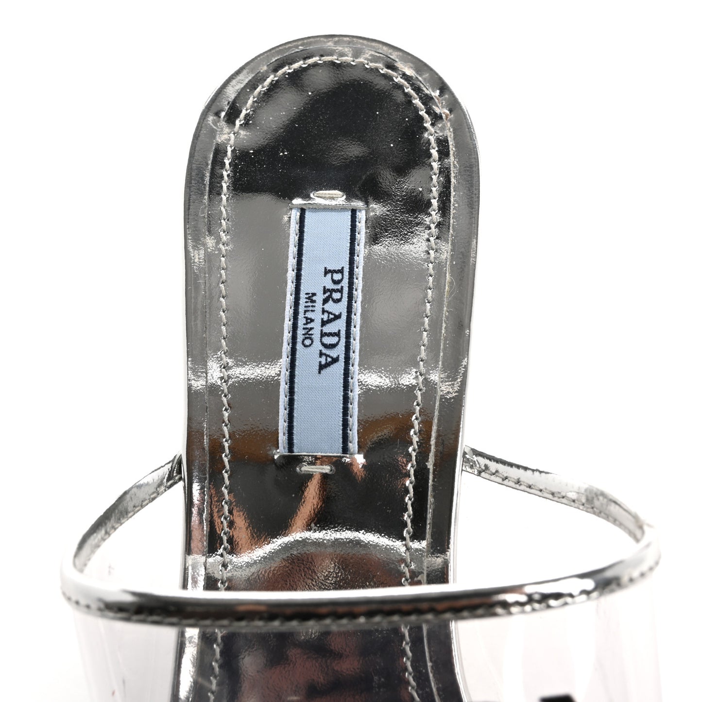 Plexiglass Metallic Calfskin Metal Triangle Logo 75mm Slide Sandals 39 Argento