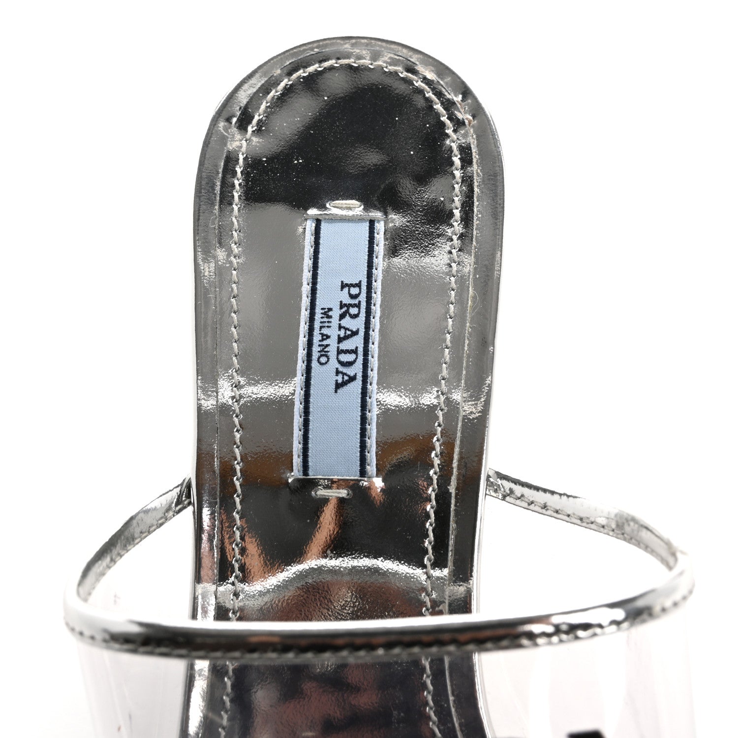 Prada Plexiglass Metallic Calfskin Metal Triangle Logo 75mm Slide Sandals 39 Argento 7 of 9