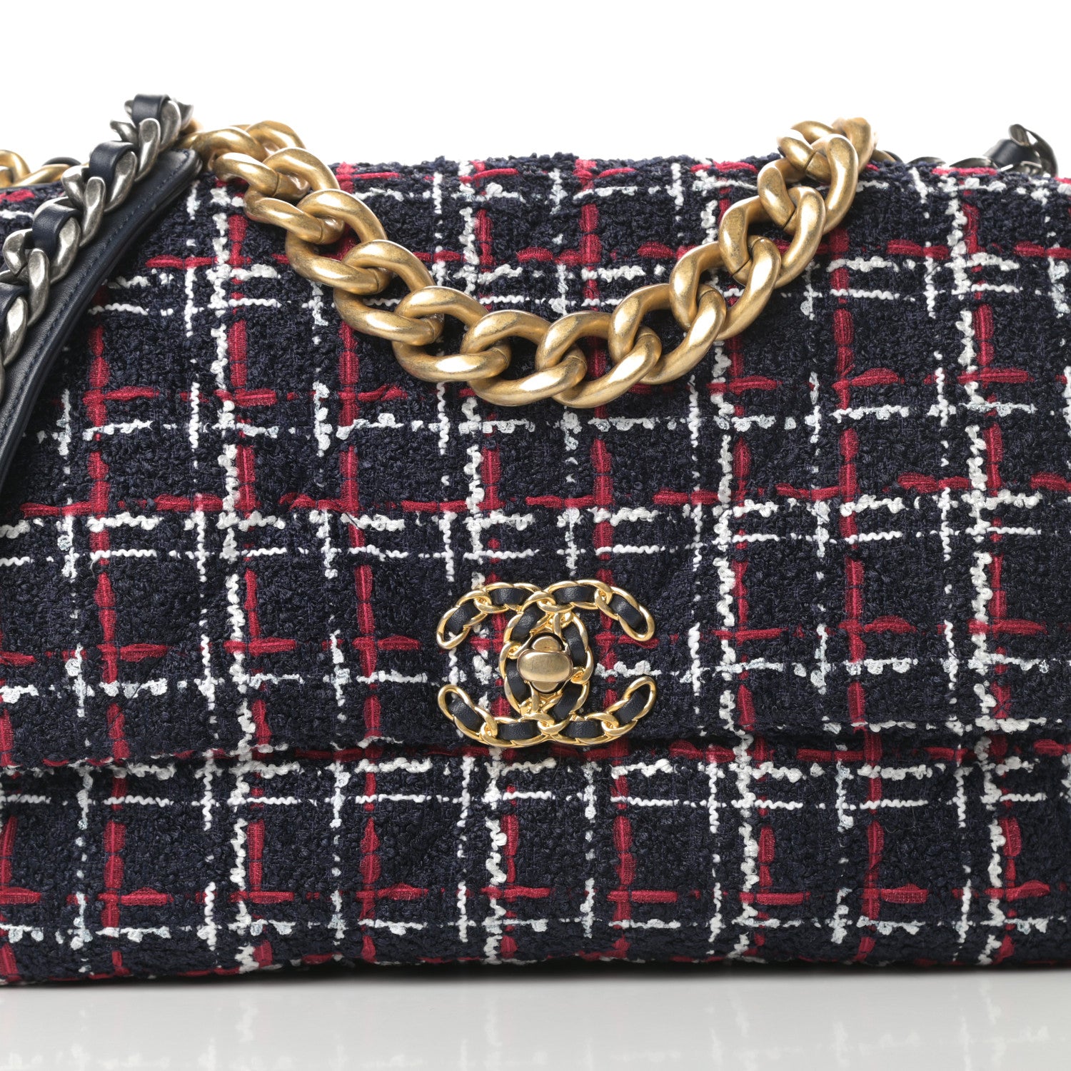 Chanel Tweed Quilted Medium Chanel 19 Flap Navy Blue White Red 8 of 11