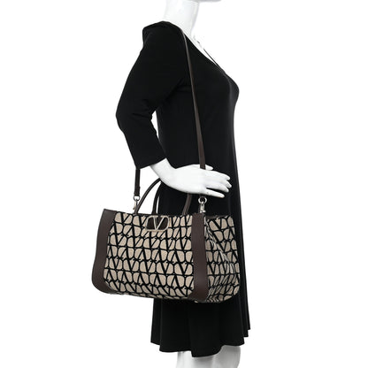 Valentino Garavani Toile Iconographe Calfskin Medium Vlogo Tote Naturale Black Fondant 2 of 10