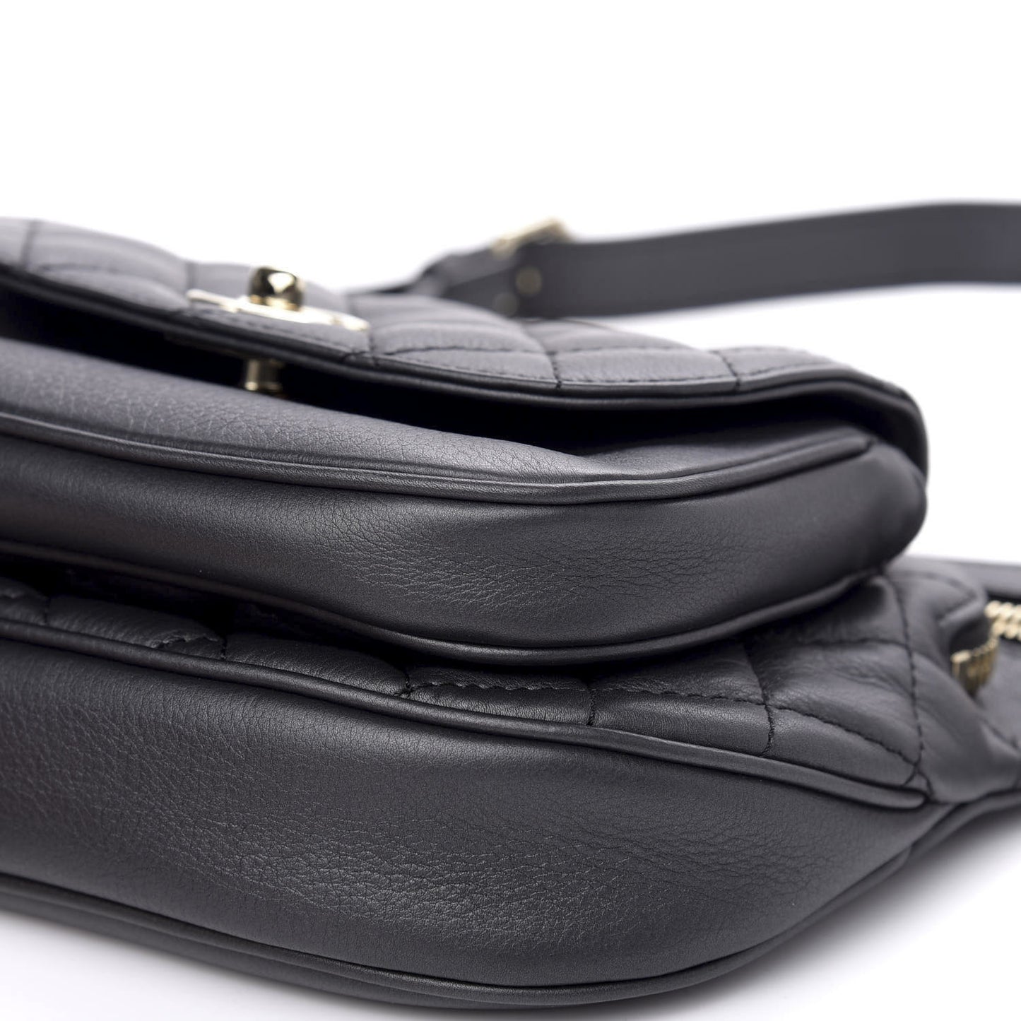 Calfskin Flap Chain Waist Bag Black