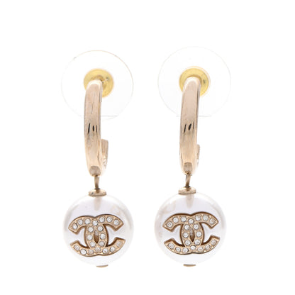 Chanel Pearl Crystal CC Drop Earrings Gold Pearly White 1 of 6