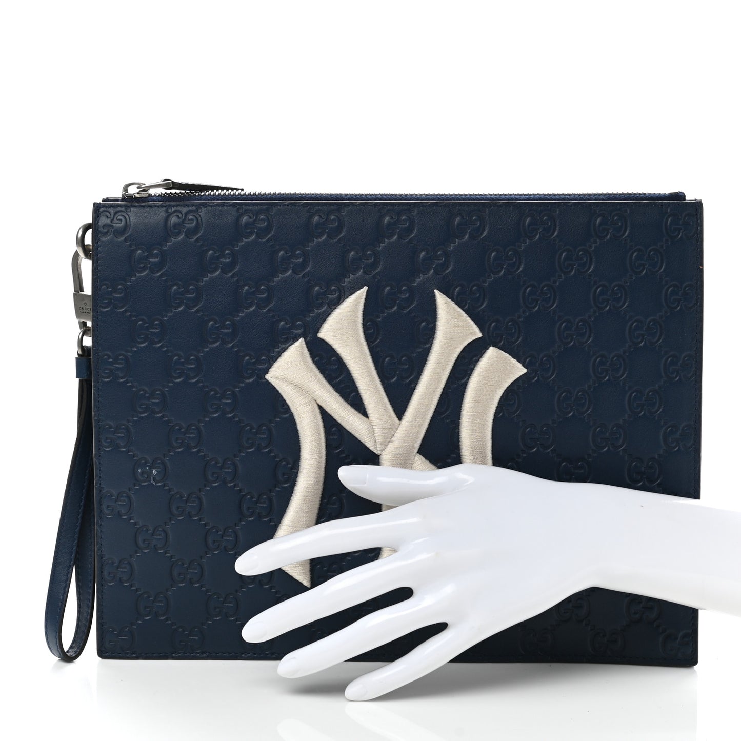 X MLB Guccissima NY Yankees Zip Wristlet Pouch Royale Ivory