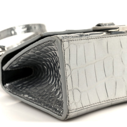 Balenciaga Metallic Calfskin Crocodile Embossed Hourglass Top Handle Bag XS Silver 9 of 10
