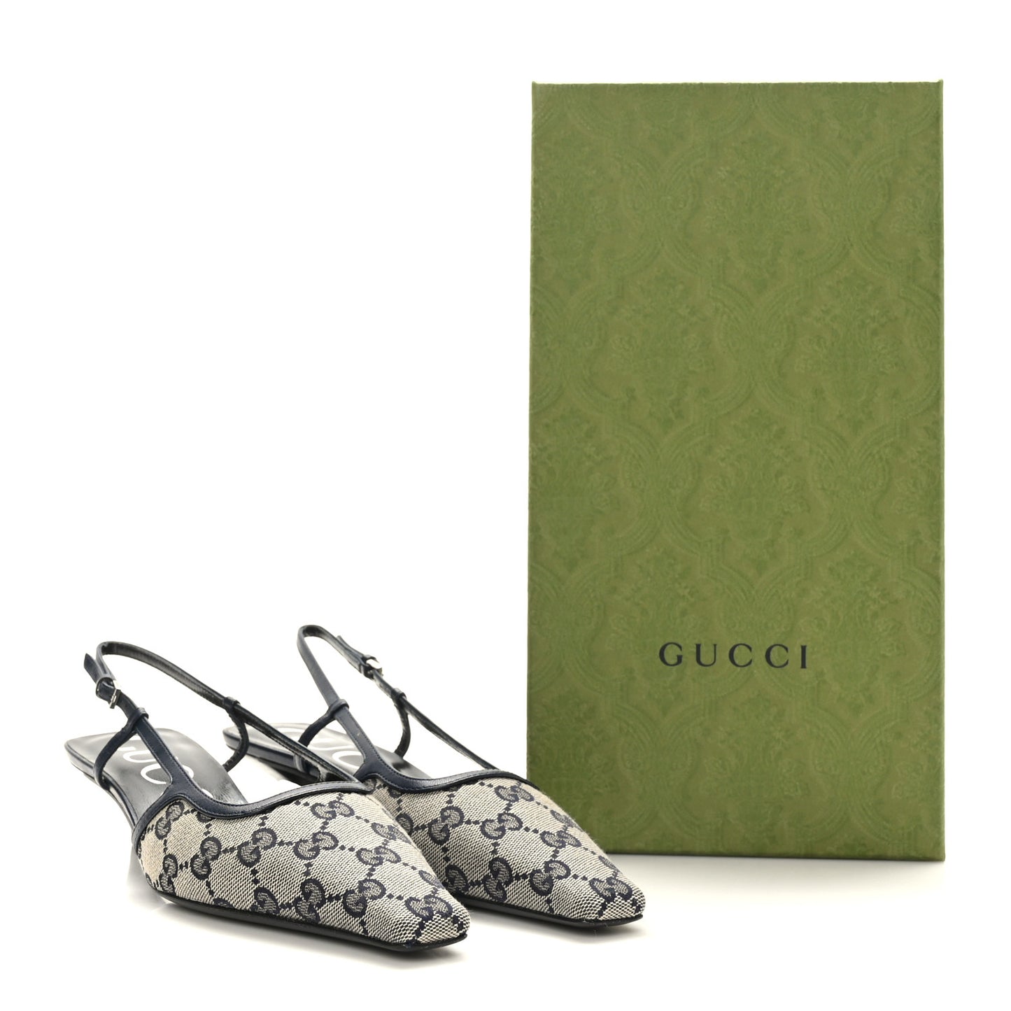 GG Monogram Malaga Kid Square G 75mm Slingback Pumps 37 Beige Blue