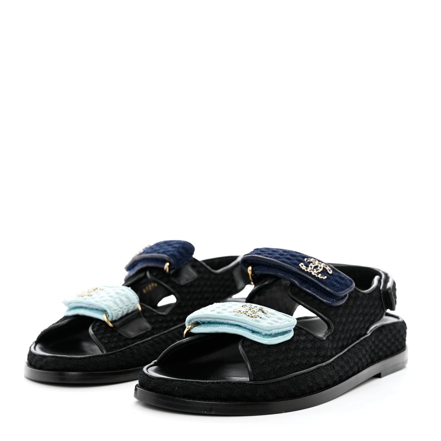 Chanel Knit Fabric Velcro Dad Sandals 39 Black Dark Blue Light Blue 3 of 9