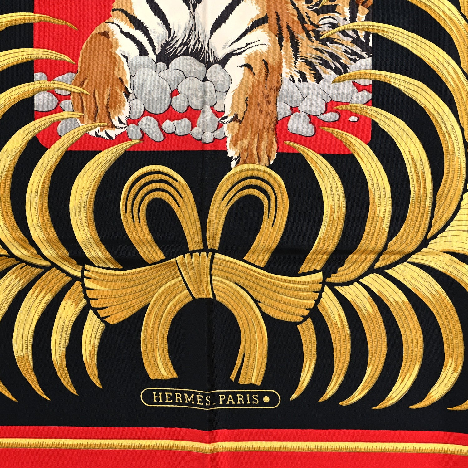 Hermes Silk Tigre Royal Pocket Square Rouge Black Or 2 of 3