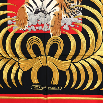 Hermes Silk Tigre Royal Pocket Square Rouge Black Or 2 of 3