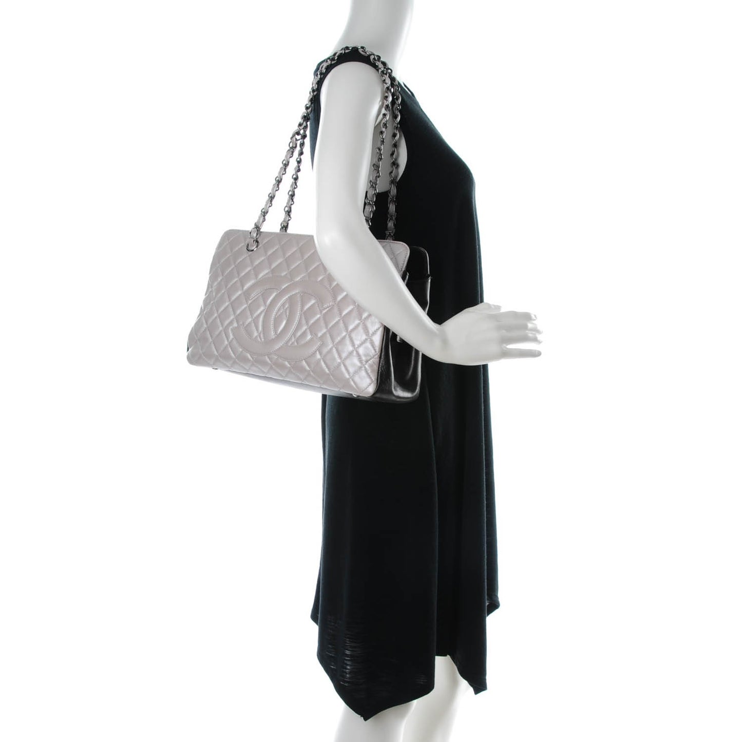 Metallic Calfskin Quilted Mademoiselle Tote Silver Black