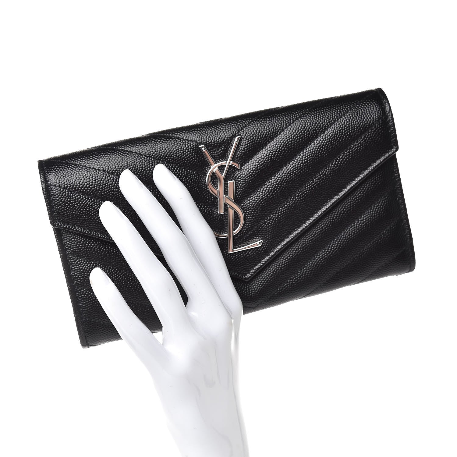 Saint Laurent Grain De Poudre Matelasse Chevron Monogram Flap Wallet Black 2 of 8