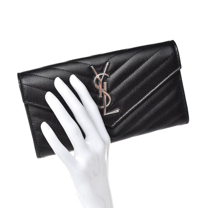 Saint Laurent Grain De Poudre Matelasse Chevron Monogram Flap Wallet Black 2 of 8