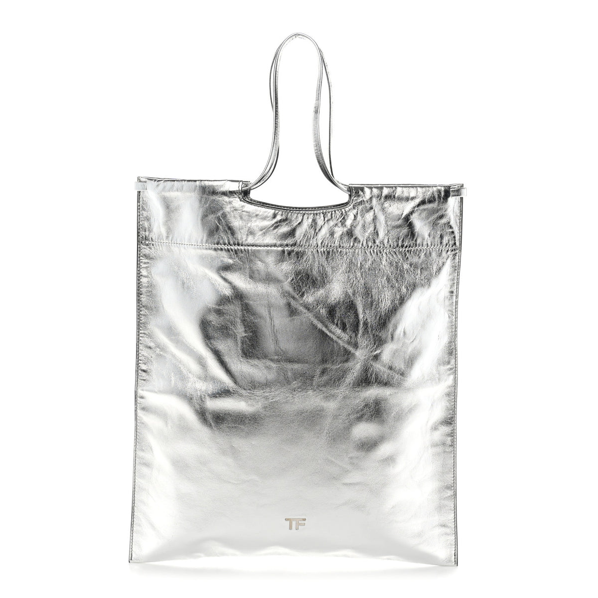 Metallic Calfskin Flat Drawstring Tote Silver