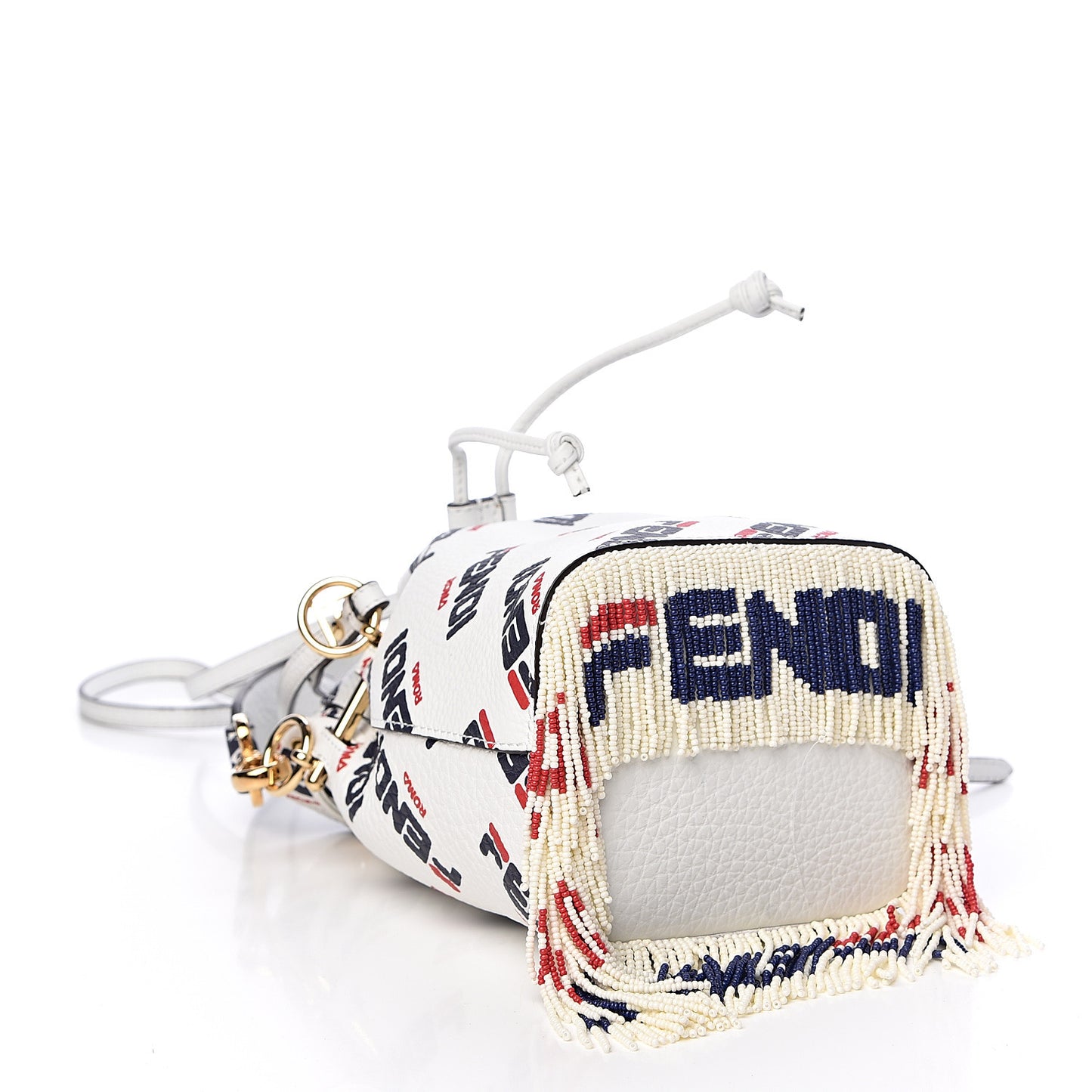 X FILA Calfskin F is Fendi Mania Fringe Mini Mon Tresor Bucket Bag White