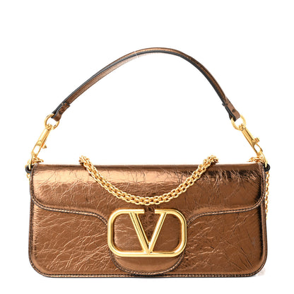 Valentino Garavani Metallic Crackle Effect Calfskin Vlogo Loco Shoulder Bag Bronze 1 of 11