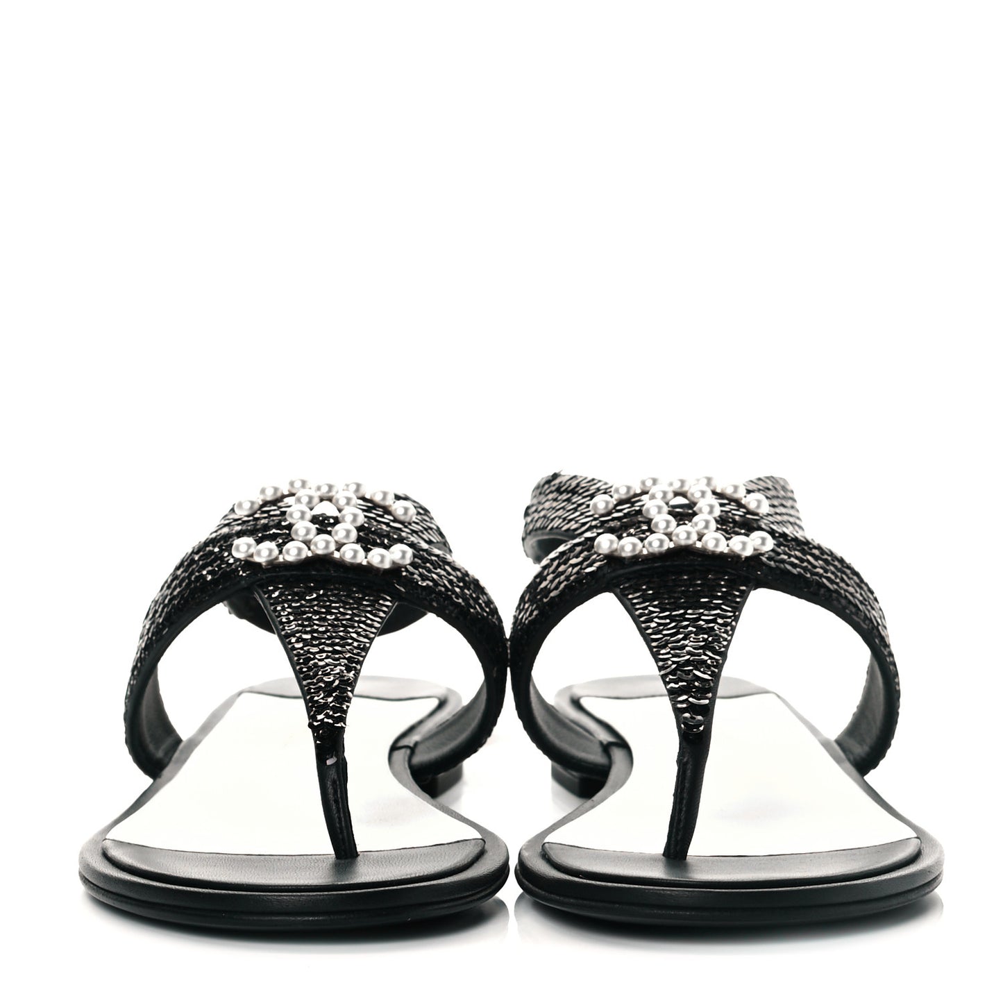 Lambskin Sequin Pearl CC Thong Sandals 41 Black