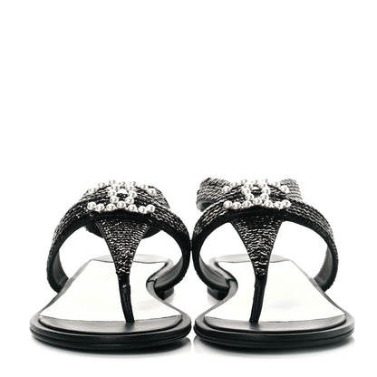 Chanel Lambskin Sequin Pearl CC Thong Sandals 41 Black 2 of 9