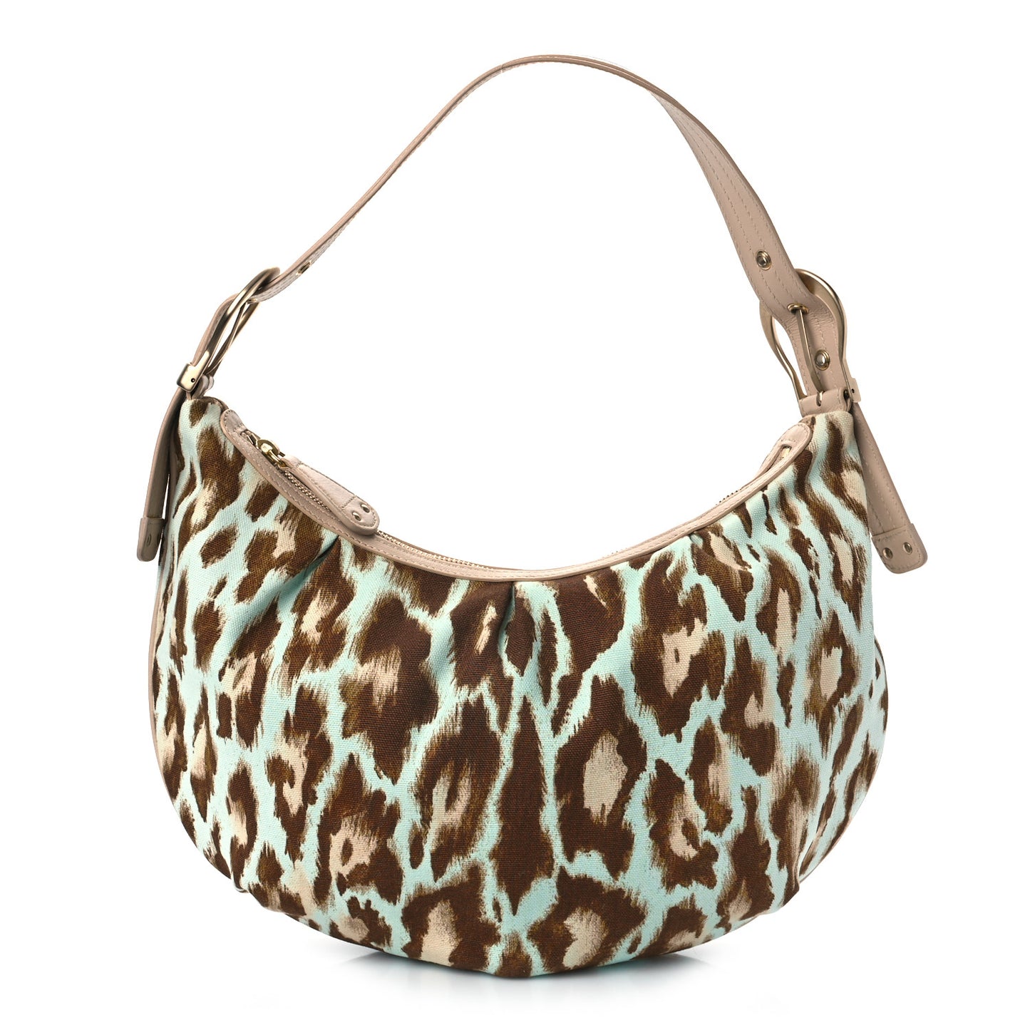Canvas Leopard Print Buckle Hobo Beige